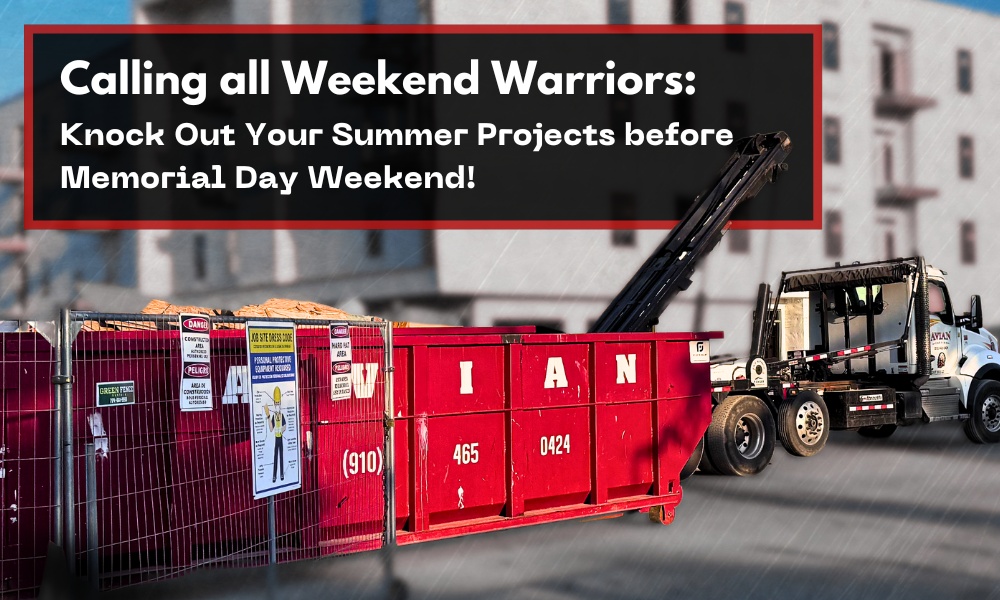 Weekend project callout for Memorial Day with red dumpster rental and truck positioned on a construction site.