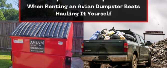 Split image comparing a red Avian dumpster rental on the left with a truck loaded with garbage bags at a disposal site on the right.
