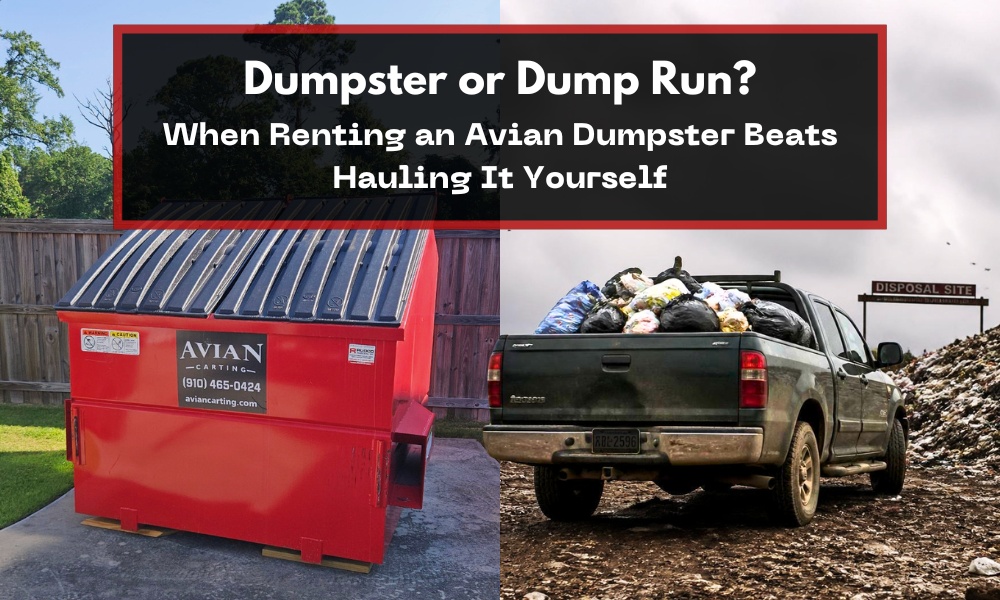 Split image comparing a red Avian dumpster rental on the left with a truck loaded with garbage bags at a disposal site on the right.