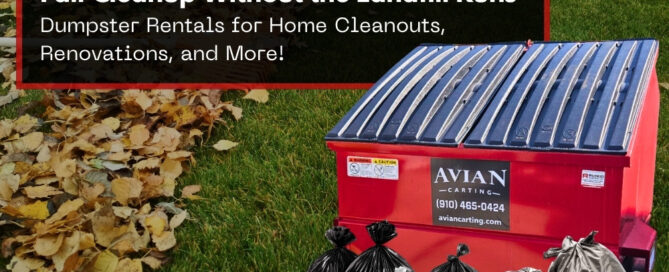 Red dumpster rental beside bags of leaves on grass, promoting fall cleanup services for home renovations and cleanouts.