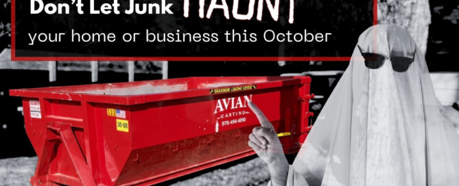 Red dumpster with text promoting dumpster rental to avoid junk haunting homes or businesses in October, ghost figure pointing.