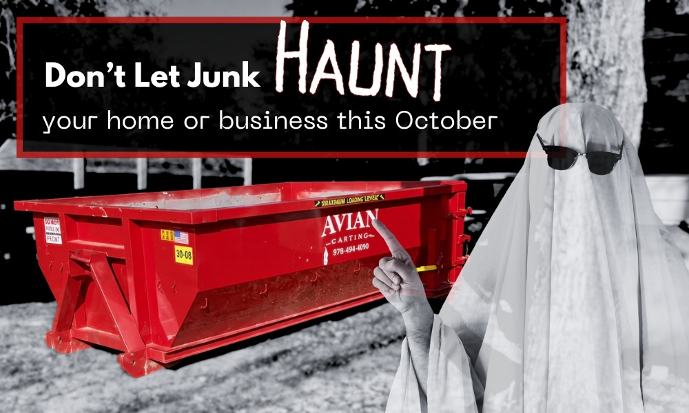 Red dumpster with text promoting dumpster rental to avoid junk haunting homes or businesses in October, ghost figure pointing.